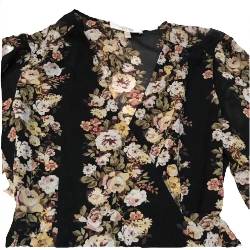 WAYF Black Floral Wrap Long Sleeve Dress Size Small - Picture 4 of 7